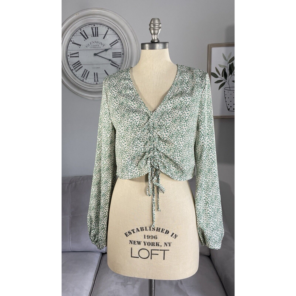 BY TOGETHER Women's Green Floral Long Sleeve Tie Front Crop Top Small